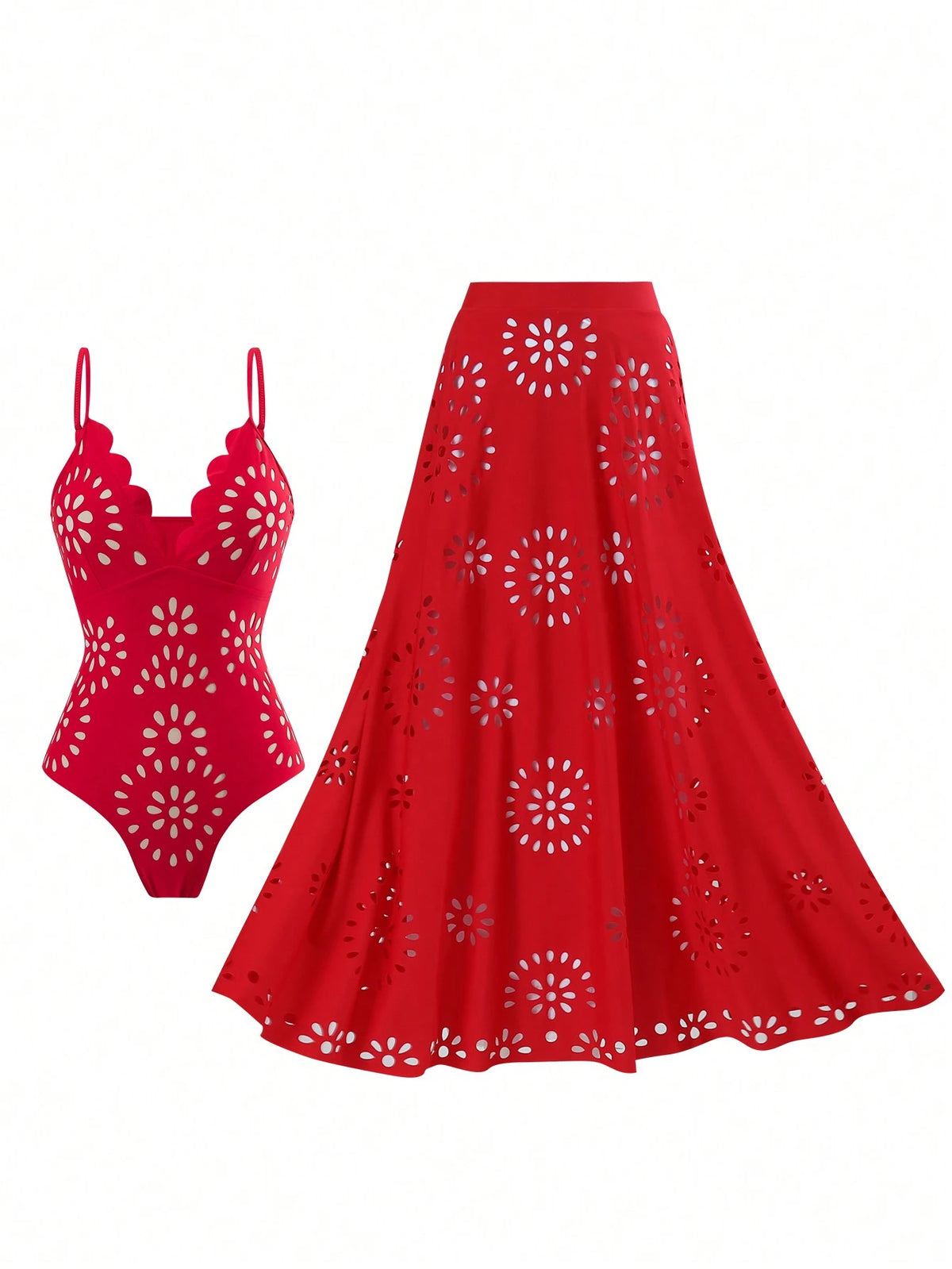 2025 New Arrival European & American Stylish One-Piece Swimwear + Cover Up Dress Set For Women Vacation Beach Summer Red