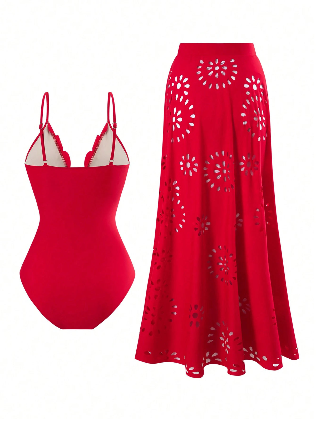 2025 New Arrival European & American Stylish One-Piece Swimwear + Cover Up Dress Set For Women Vacation Beach Summer Red