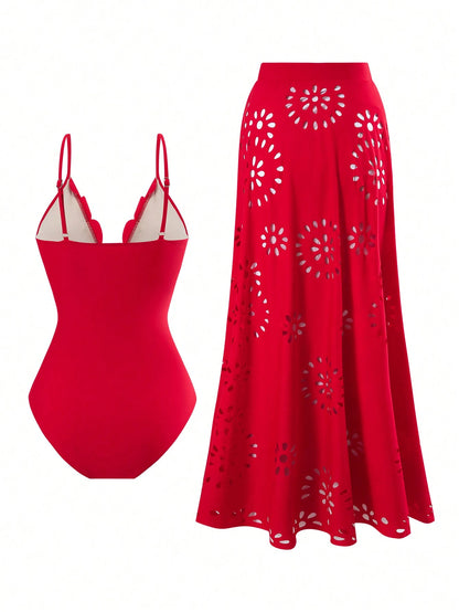 2025 New Arrival European & American Stylish One-Piece Swimwear + Cover Up Dress Set For Women Vacation Beach Summer Red