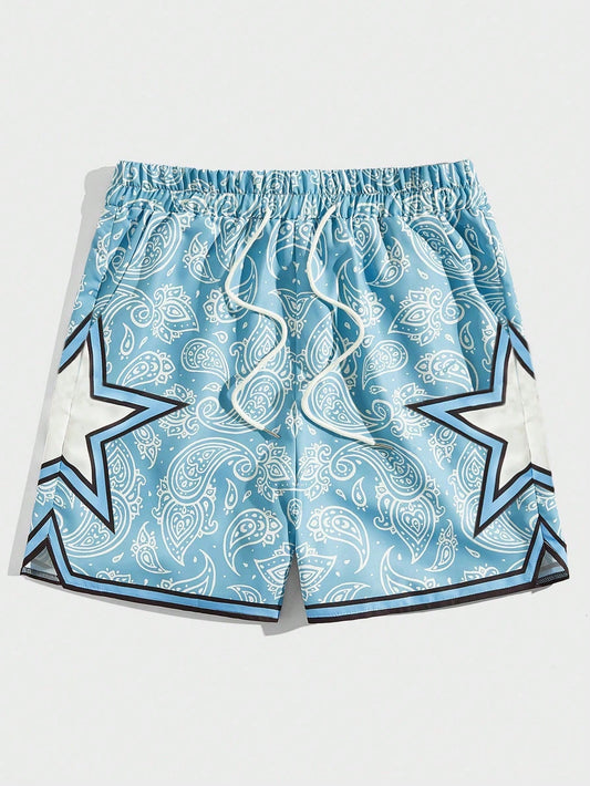 2026 New ROMWE MEN Street Style Spring/Summer Casual Patterned Men's Star Paisley Print Drawstring Waist Shorts, Suitable For School,Free Shipping