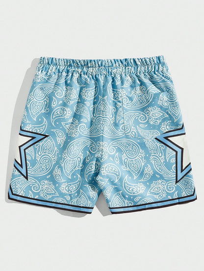 2026 New ROMWE MEN Street Style Spring/Summer Casual Patterned Men's Star Paisley Print Drawstring Waist Shorts, Suitable For School,Free Shipping