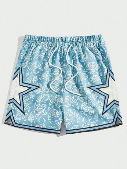 2026 New ROMWE MEN Street Style Spring/Summer Casual Patterned Men's Star Paisley Print Drawstring Waist Shorts, Suitable For School,Free Shipping
