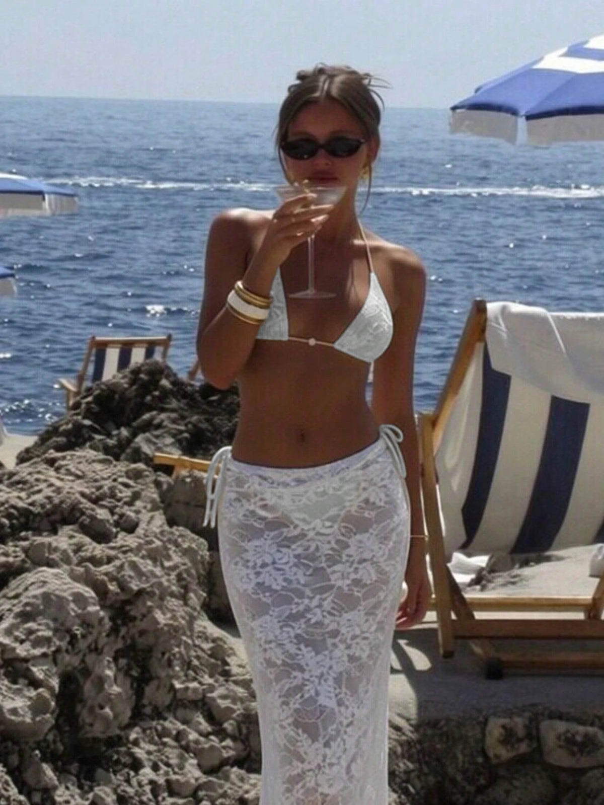 2026 New Spring Summer Women Solid Color Minimalist Elegant Beach Vacation Swimwear Set, Includes Halter Top, Tie-Front Bottom And Lace Mesh Skirt