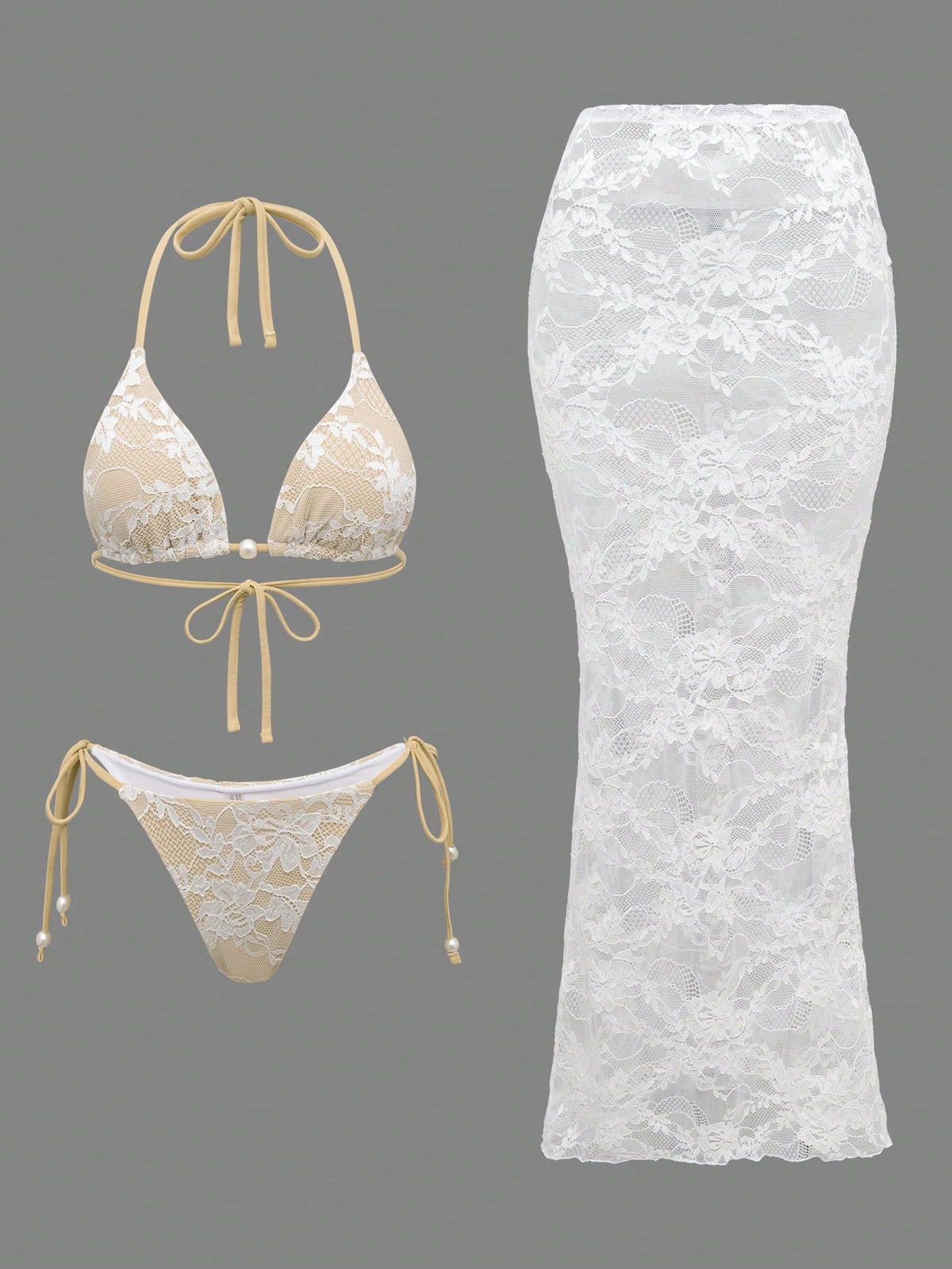 2026 New Spring Summer Women Solid Color Minimalist Elegant Beach Vacation Swimwear Set, Includes Halter Top, Tie-Front Bottom And Lace Mesh Skirt