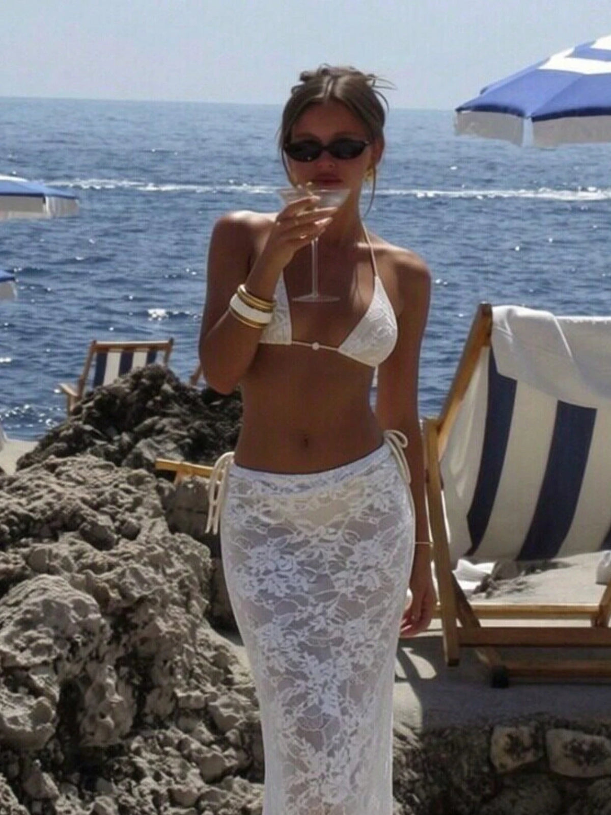2026 New Spring Summer Women Solid Color Minimalist Elegant Beach Vacation Swimwear Set, Includes Halter Top, Tie-Front Bottom And Lace Mesh Skirt