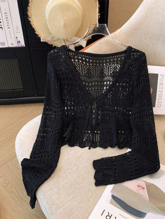 2026 New Sweet Style Sunscreen Cardigan, Hollow Crochet V-Neck With Ties, Short Long-Sleeve Top