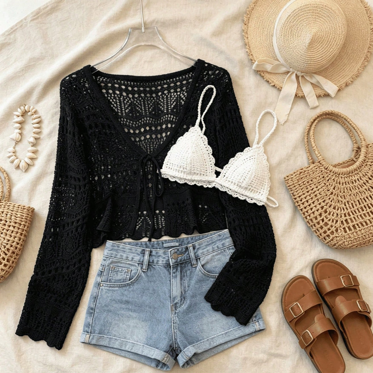 2026 New Sweet Style Sunscreen Cardigan, Hollow Crochet V-Neck With Ties, Short Long-Sleeve Top
