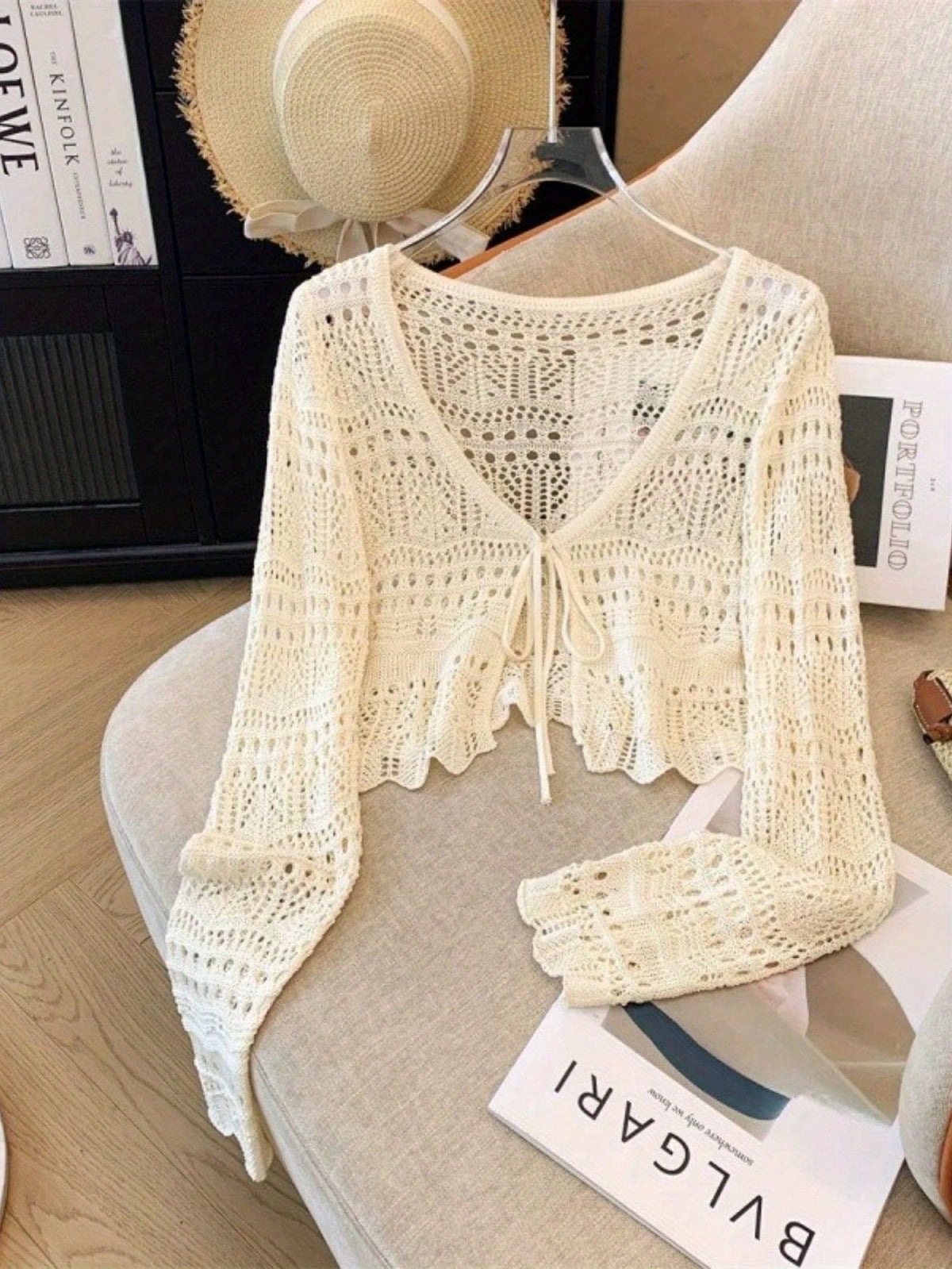 2026 New Sweet Style Sunscreen Cardigan, Hollow Crochet V-Neck With Ties, Short Long-Sleeve Top