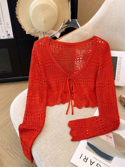 2026 New Sweet Style Sunscreen Cardigan, Hollow Crochet V-Neck With Ties, Short Long-Sleeve Top