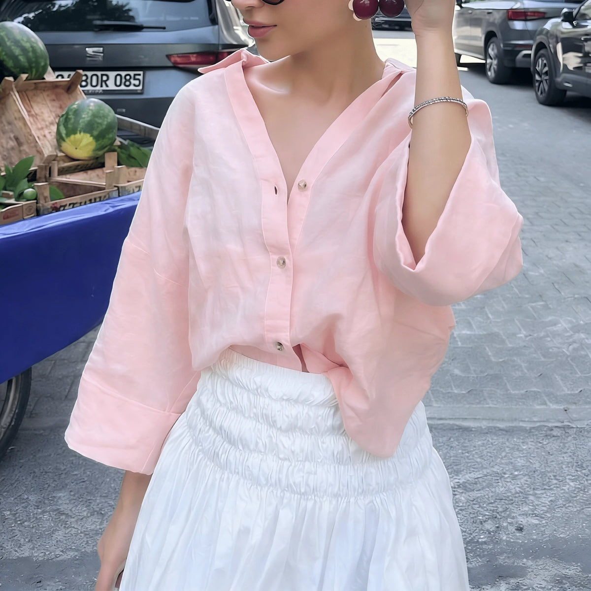 2026 Spring/Summer Pink Casual Women's Shirt, Basic Single-Breasted Lapel 3/4 Sleeve Beach Style Blouse, Elegant For Women, Suitable For Valentine's Day, Carnival, Beach Party