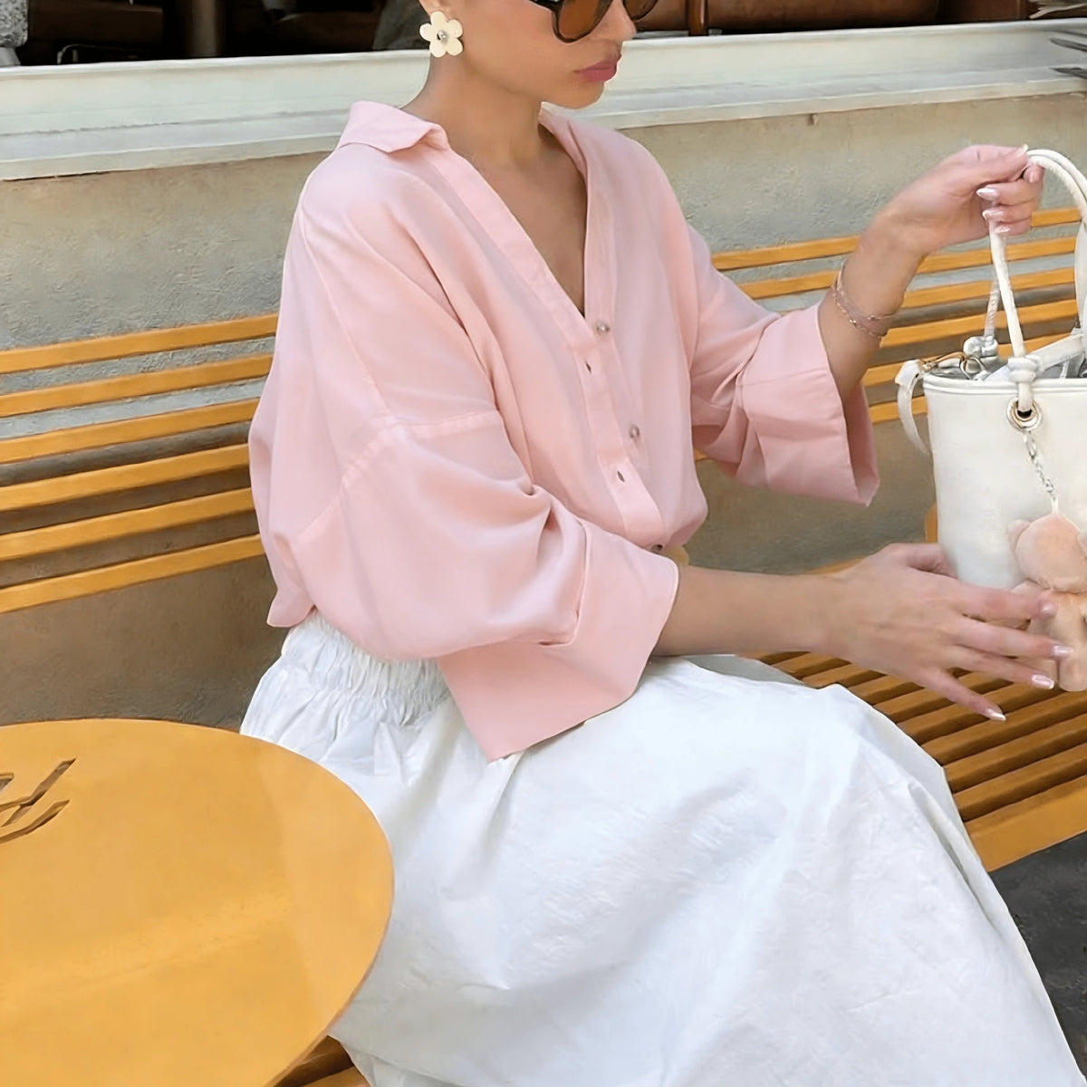 2026 Spring/Summer Pink Casual Women's Shirt, Basic Single-Breasted Lapel 3/4 Sleeve Beach Style Blouse, Elegant For Women, Suitable For Valentine's Day, Carnival, Beach Party