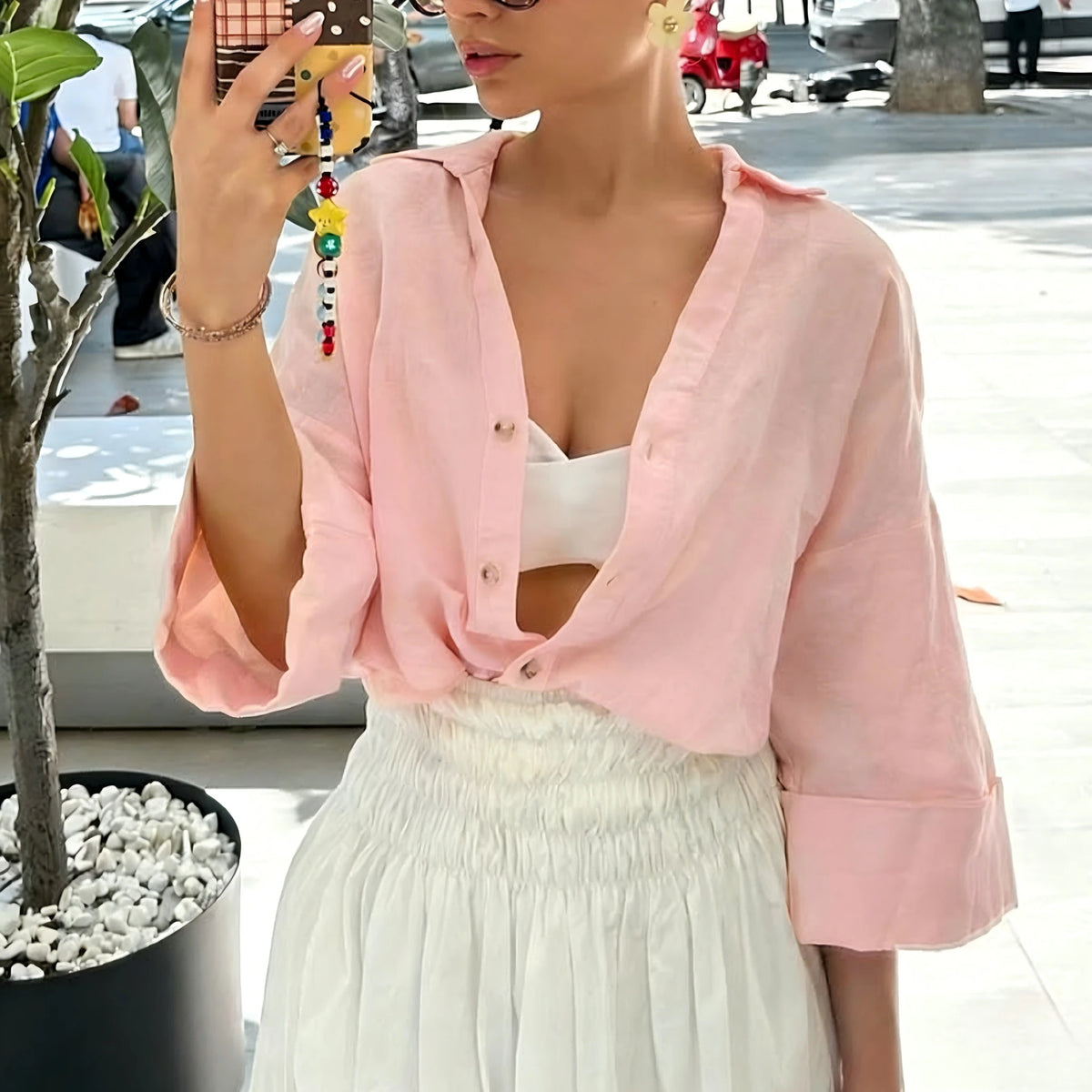 2026 Spring/Summer Pink Casual Women's Shirt, Basic Single-Breasted Lapel 3/4 Sleeve Beach Style Blouse, Elegant For Women, Suitable For Valentine's Day, Carnival, Beach Party