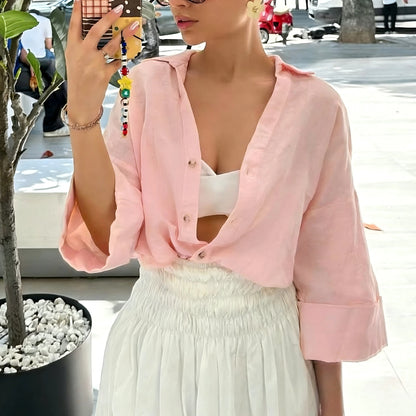 2026 Spring/Summer Pink Casual Women's Shirt, Basic Single-Breasted Lapel 3/4 Sleeve Beach Style Blouse, Elegant For Women, Suitable For Valentine's Day, Carnival, Beach Party