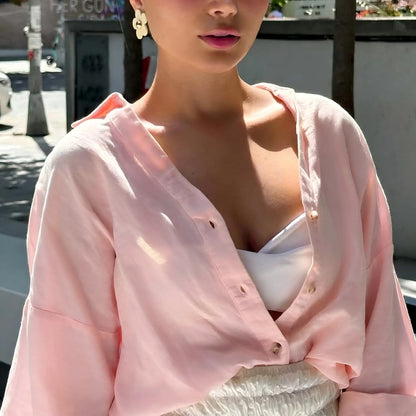 2026 Spring/Summer Pink Casual Women's Shirt, Basic Single-Breasted Lapel 3/4 Sleeve Beach Style Blouse, Elegant For Women, Suitable For Valentine's Day, Carnival, Beach Party