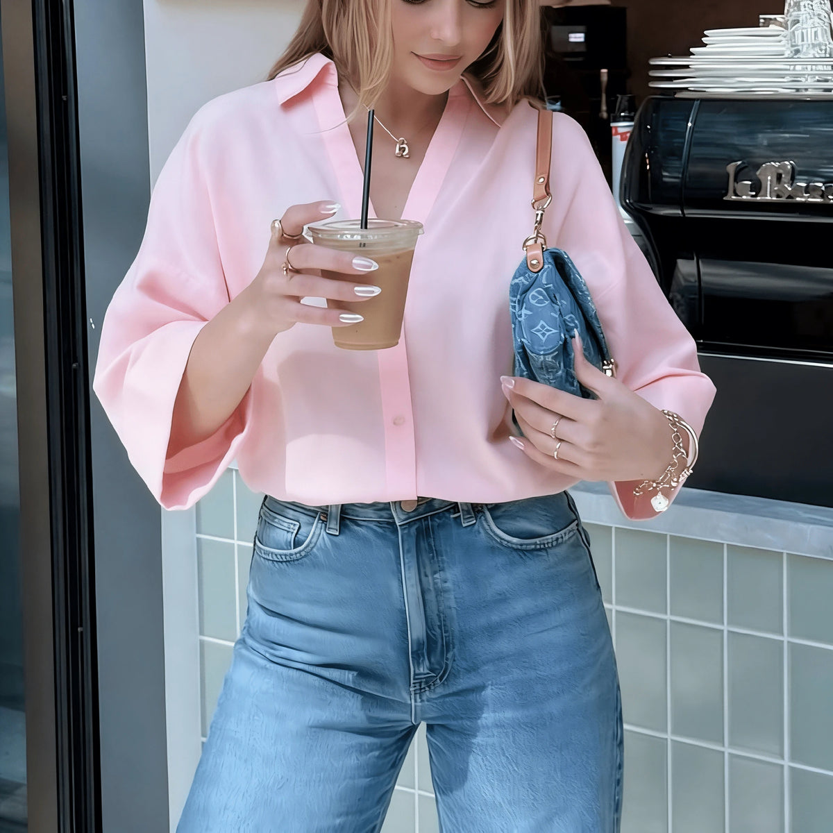 2026 Spring/Summer Pink Casual Women's Shirt, Basic Single-Breasted Lapel 3/4 Sleeve Beach Style Blouse, Elegant For Women, Suitable For Valentine's Day, Carnival, Beach Party