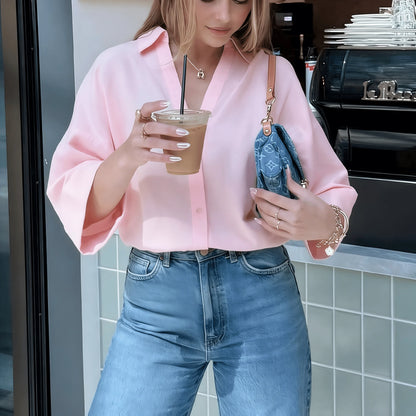 2026 Spring/Summer Pink Casual Women's Shirt, Basic Single-Breasted Lapel 3/4 Sleeve Beach Style Blouse, Elegant For Women, Suitable For Valentine's Day, Carnival, Beach Party