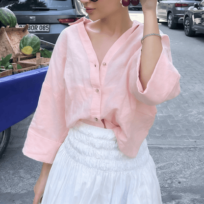 2026 Spring/Summer Pink Casual Women's Shirt, Basic Single-Breasted Lapel 3/4 Sleeve Beach Style Blouse, Elegant For Women, Suitable For Valentine's Day, Carnival, Beach Party