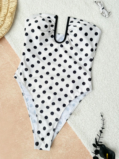 2026 Women's Fashion Black Polka Dot Print One-Piece Swimsuit, Deep U Hollow Bustier Design, Slim Minimalist Style, Elegant For Beach Party, Travel, Spring/Summer Beach Vacation White