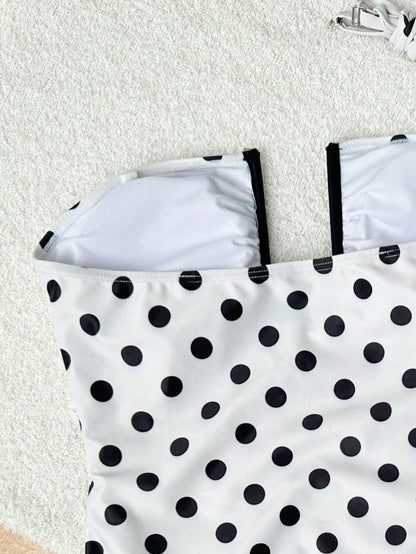 2026 Women's Fashion Black Polka Dot Print One-Piece Swimsuit, Deep U Hollow Bustier Design, Slim Minimalist Style, Elegant For Beach Party, Travel, Spring/Summer Beach Vacation White