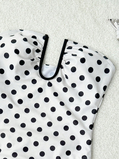 2026 Women's Fashion Black Polka Dot Print One-Piece Swimsuit, Deep U Hollow Bustier Design, Slim Minimalist Style, Elegant For Beach Party, Travel, Spring/Summer Beach Vacation White