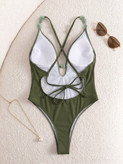 2026 Women's Summer Vacation Beach Deep V Halter Neck One-Piece Swimsuit