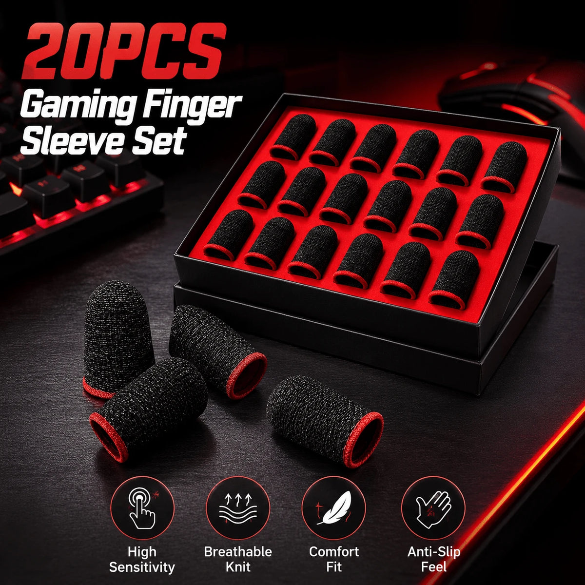 20PCS Gaming Finger Sleeve Set, Breathable Conductive Knit Thumb Covers For Mobile Phone & Tablet Touchscreen Gaming