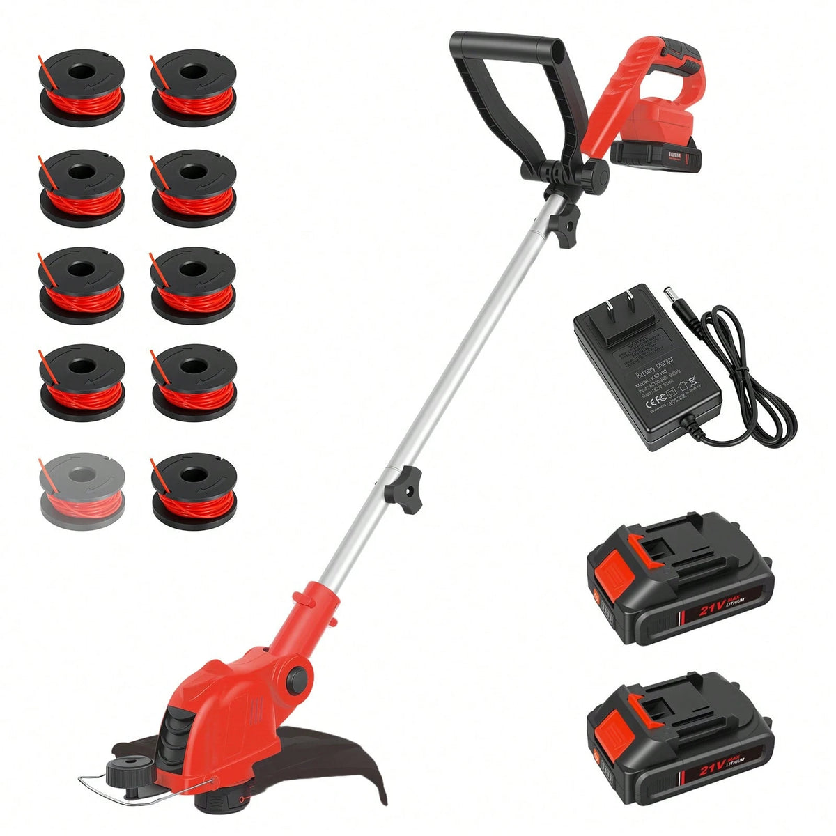 21V 12-Inch Cordless String Trimmer, 9650 RPM High-Speed Motor, 90° Rotatable Head 2-In-1 Trimming & Edging Tool, Auto Line Feed System With 10 Spools, 2*2.5Ah Batteries & Charger, Lightweight Aluminu