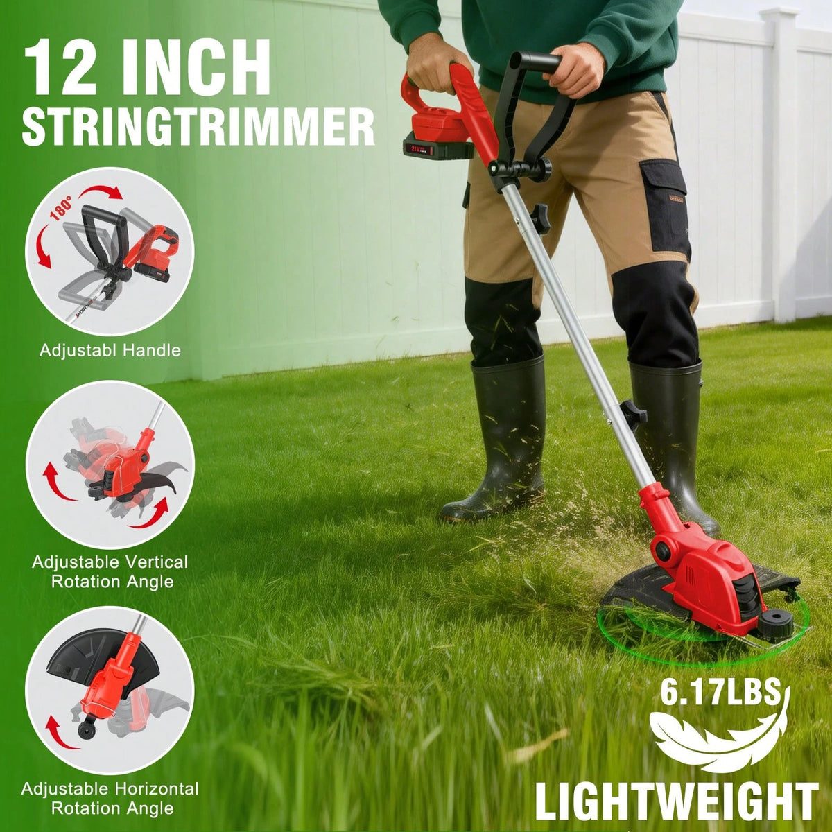 21V 12-Inch Cordless String Trimmer, 9650 RPM High-Speed Motor, 90° Rotatable Head 2-In-1 Trimming & Edging Tool, Auto Line Feed System With 10 Spools, 2*2.5Ah Batteries & Charger, Lightweight Aluminu