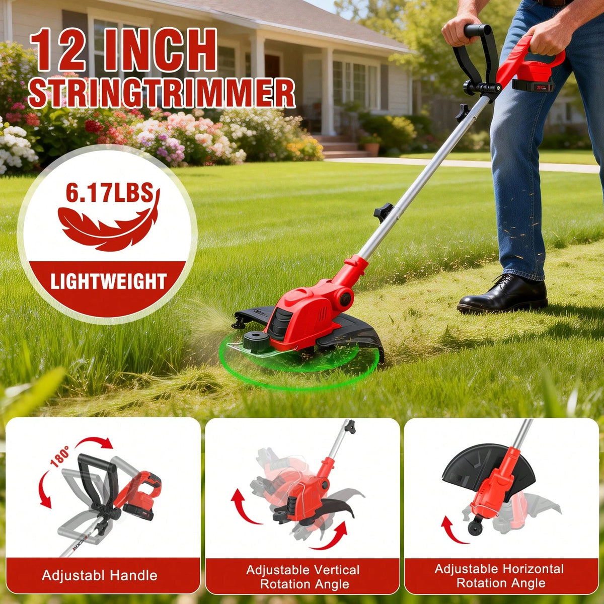 21V 12-Inch Cordless String Trimmer, 9650 RPM High-Speed Motor, 90° Rotatable Head 2-In-1 Trimming & Edging Tool, Auto Line Feed System With 10 Spools, 2*2.5Ah Batteries & Charger, Lightweight Aluminu