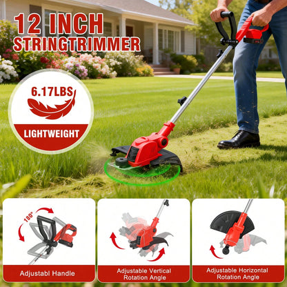 21V 12-Inch Cordless String Trimmer, 9650 RPM High-Speed Motor, 90° Rotatable Head 2-In-1 Trimming & Edging Tool, Auto Line Feed System With 10 Spools, 2*2.5Ah Batteries & Charger, Lightweight Aluminu