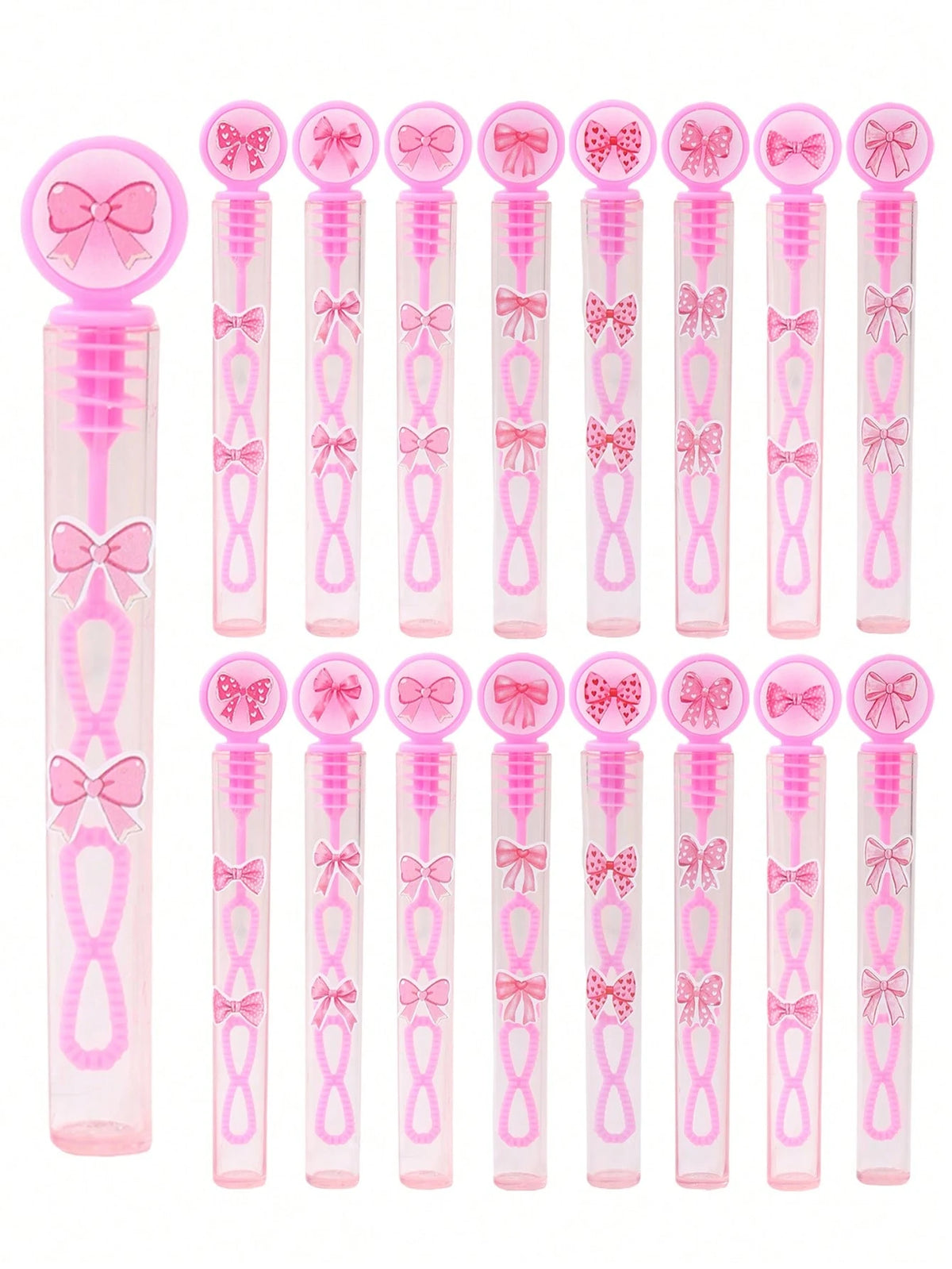 24/48pcs Pink Bow Pattern Baby Shower Bubble Wands, Pink Bow Pattern 1st Birthday Party DIY Bubble Wands (Bubble Solution Not Included), DIY Transparent Bubble Blowing Tubes Party Bubble Blowing Tubes