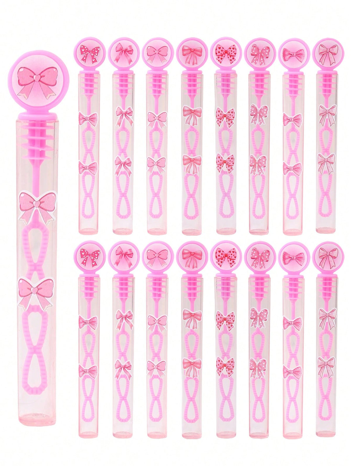 24/48pcs Pink Bow Pattern Baby Shower Bubble Wands, Pink Bow Pattern 1st Birthday Party DIY Bubble Wands (Bubble Solution Not Included), DIY Transparent Bubble Blowing Tubes Party Bubble Blowing Tubes