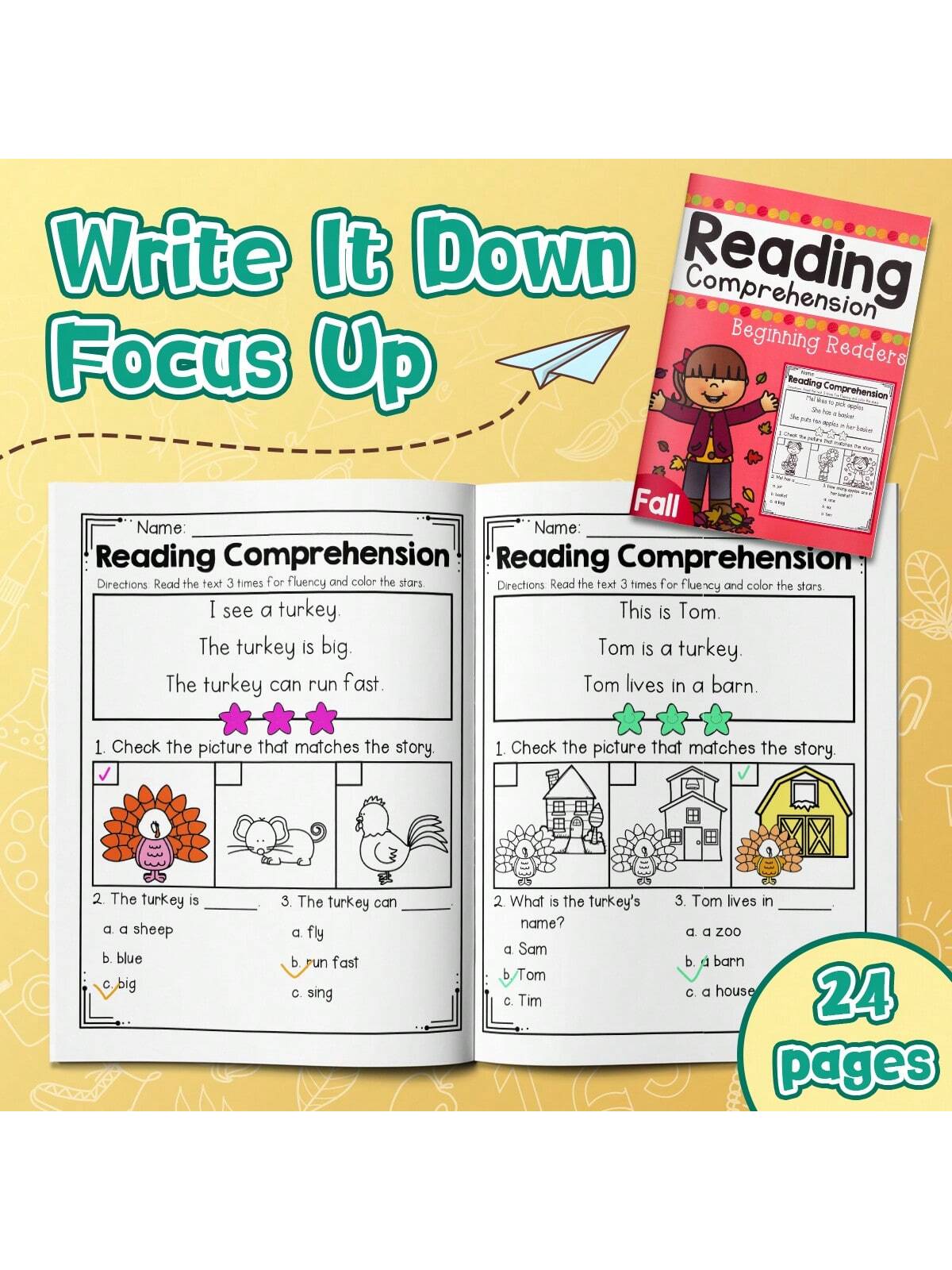 24-Page Early Reading Comprehension Workbook: Engaging Short Passages With Matching Images And Questions To Help Children Understand And Focus