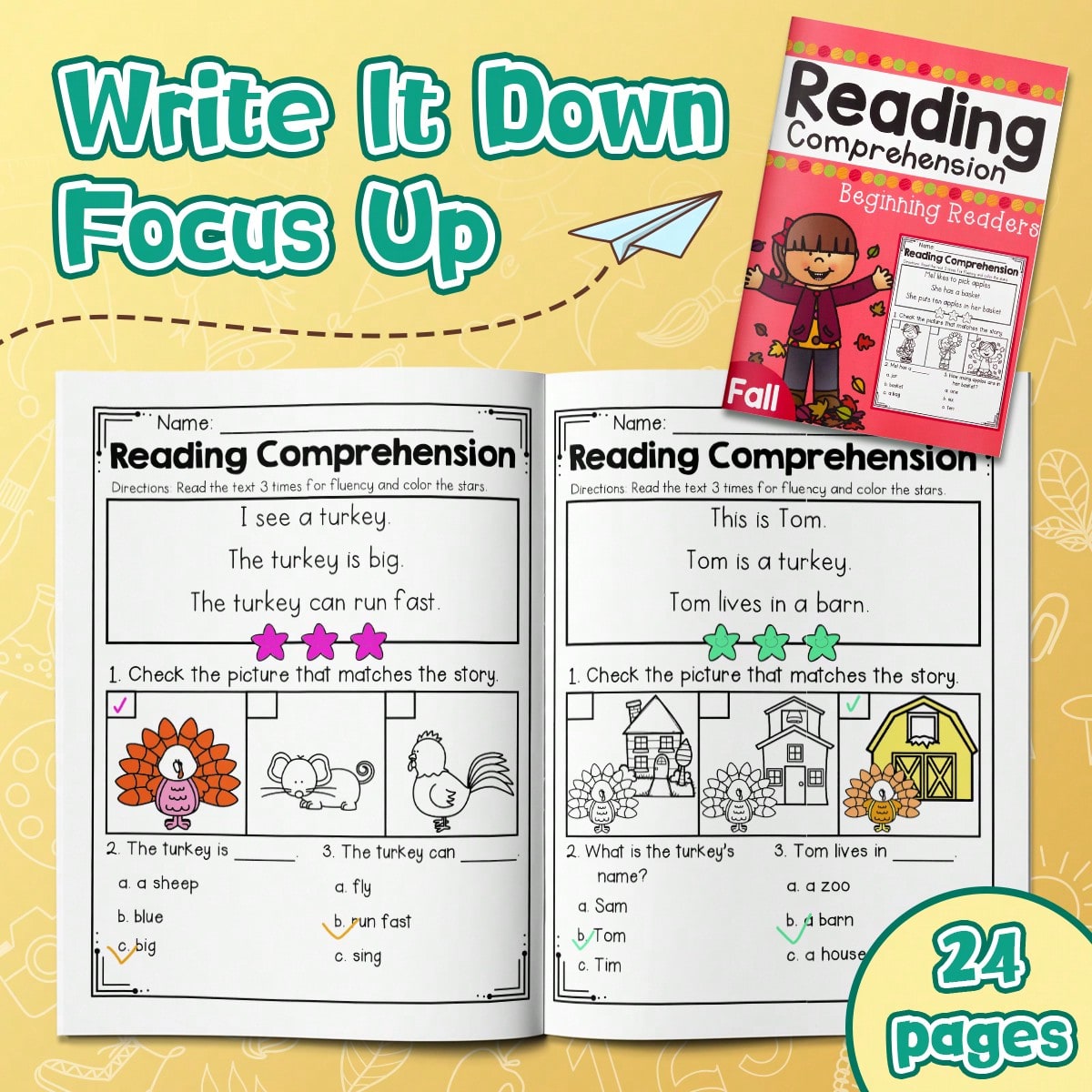 24-Page Early Reading Comprehension Workbook: Engaging Short Passages With Matching Images And Questions To Help Children Understand And Focus