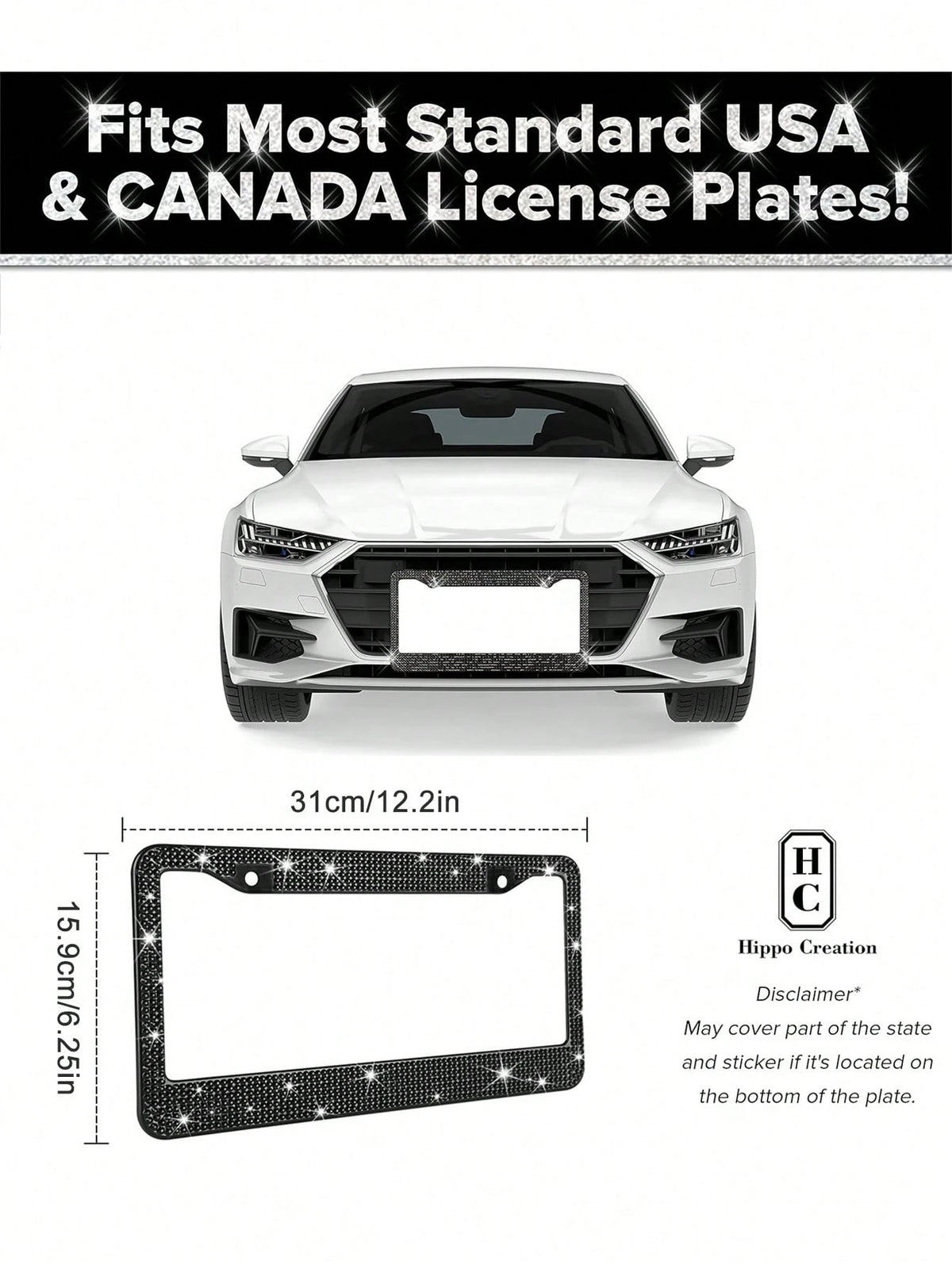 2pcs/1pc Sparkling License Plate Frame, Rhinestone Decorated Stainless Steel Shiny License Plate Frame, Suitable For Ladies And Girls