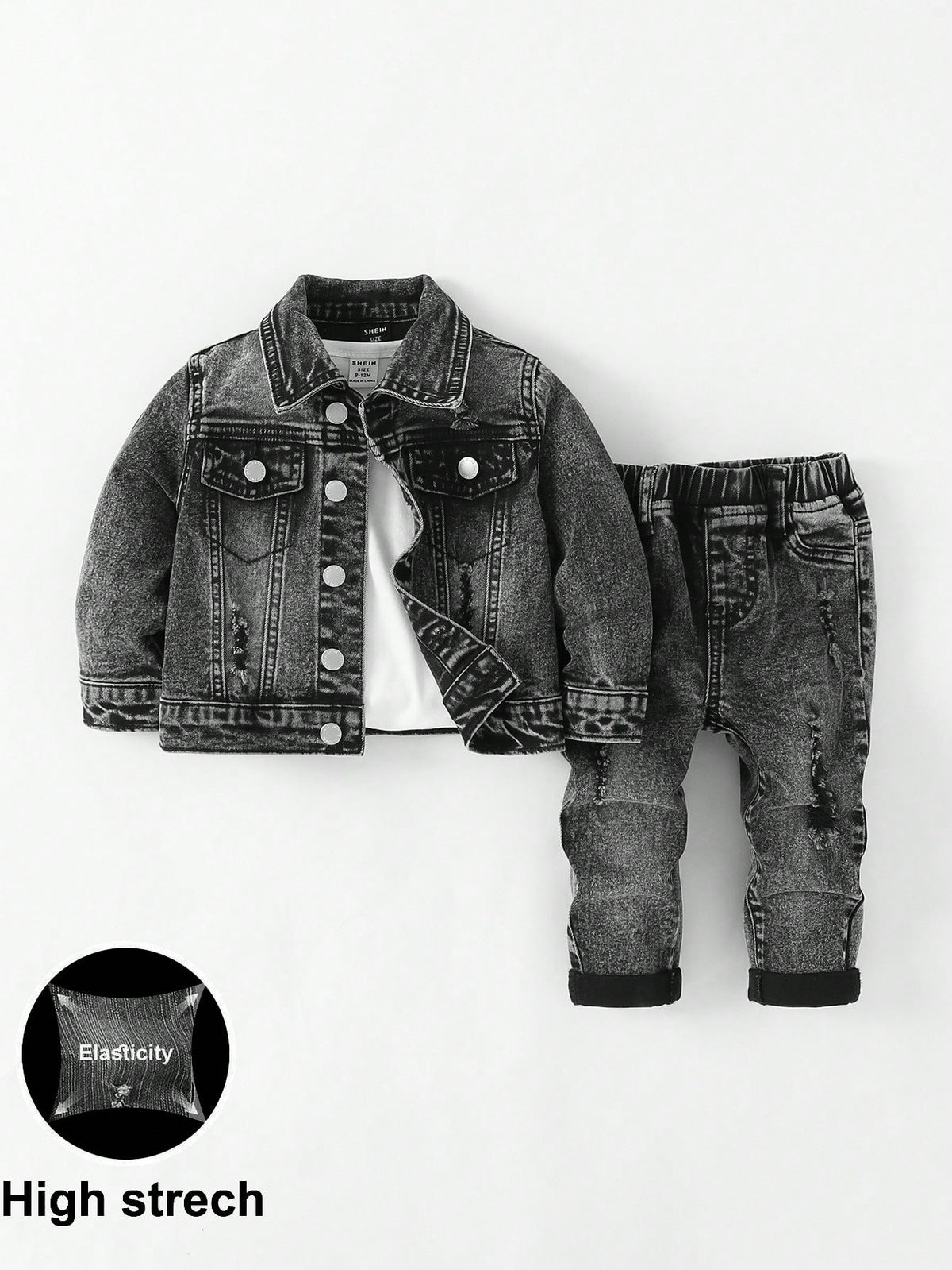 2pcs Baby/Toddler Boys Distressed Urban Street Black Denim Ripped Frayed Jacket And Elastic Skinny Pants Jeans Set Fall Winter,For Boys Fall/Winter Dailywear Outfits,Boys Streetwear Outfits,Boys