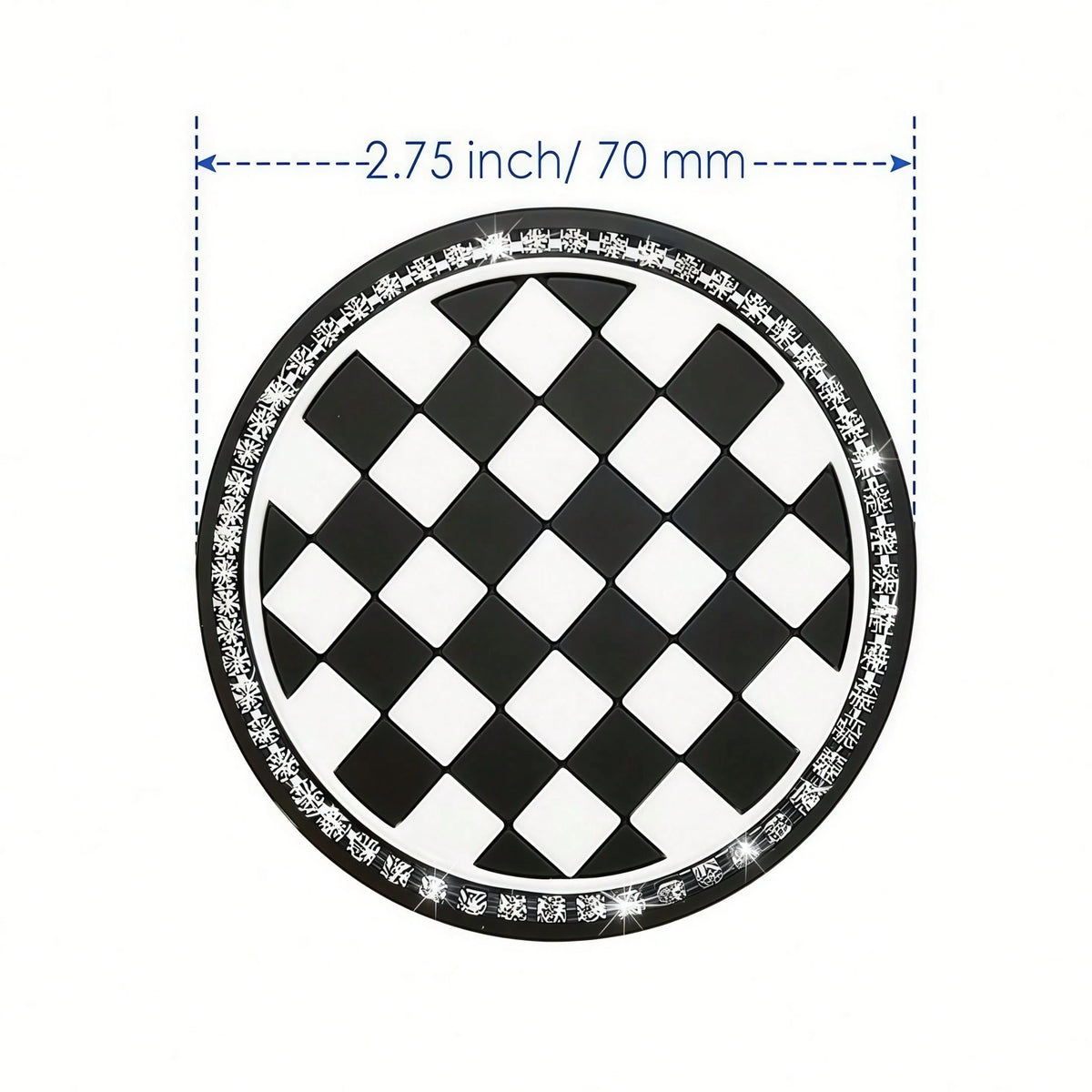 2pcs Black And White Checkerboard Car Cup Coasters With Shiny Rhinestone Silver Chain, Fashionable And Elegant, 2-In-1 Car Cup Holder Protection And Decoration