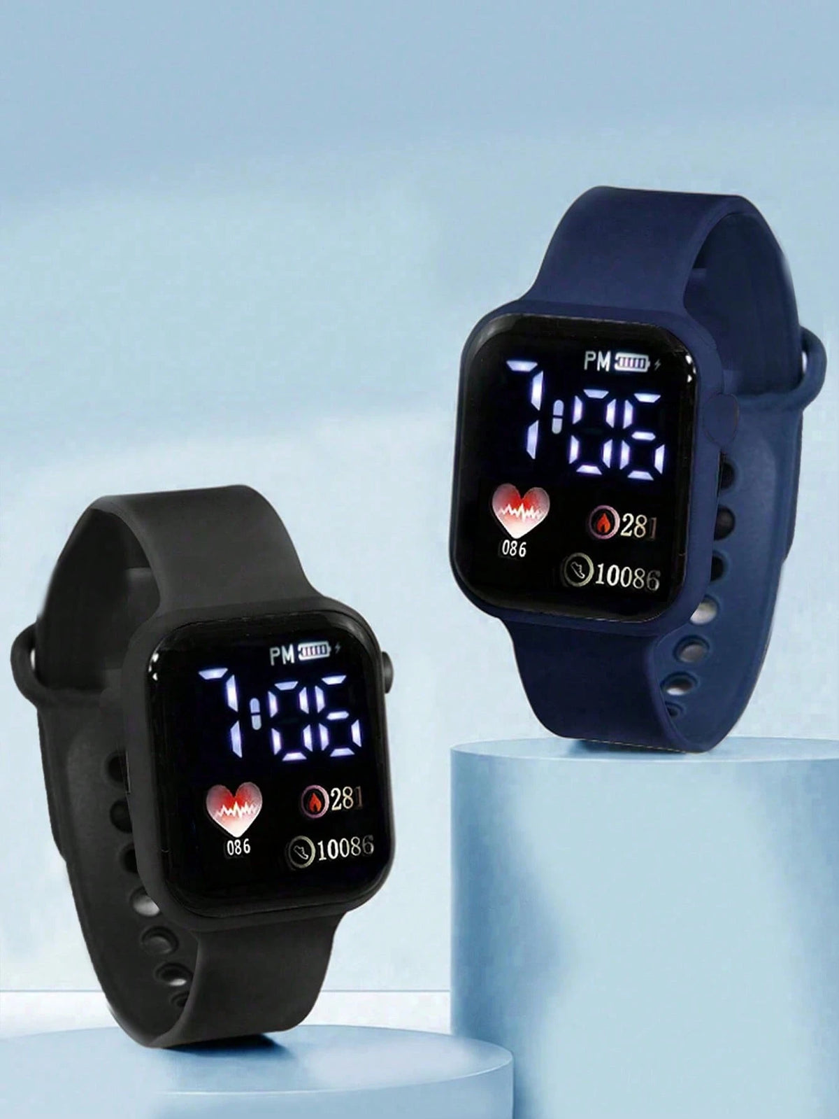 2pcs Black & Blue PVC Strap Sports Square Dial Heart Numeral Watches, Suitable For Daily Wear