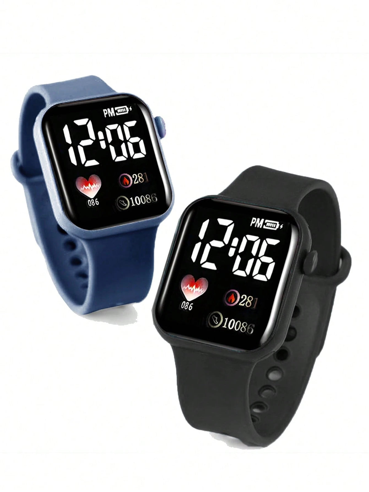 2pcs Black & Blue PVC Strap Sports Square Dial Heart Numeral Watches, Suitable For Daily Wear