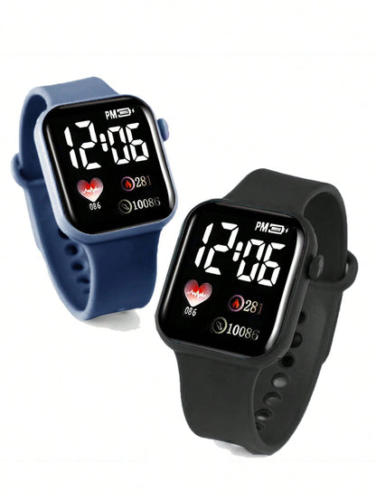 2pcs Black & Blue PVC Strap Sports Square Dial Heart Numeral Watches, Suitable For Daily Wear