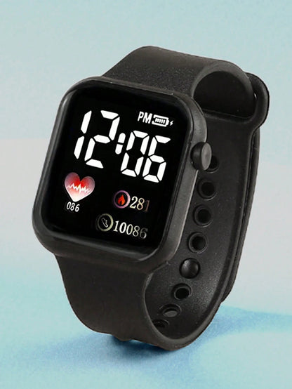 2pcs Black & Blue PVC Strap Sports Square Dial Heart Numeral Watches, Suitable For Daily Wear