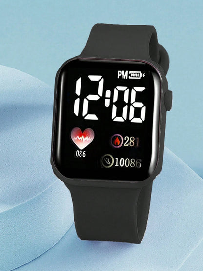 2pcs Black & Blue PVC Strap Sports Square Dial Heart Numeral Watches, Suitable For Daily Wear