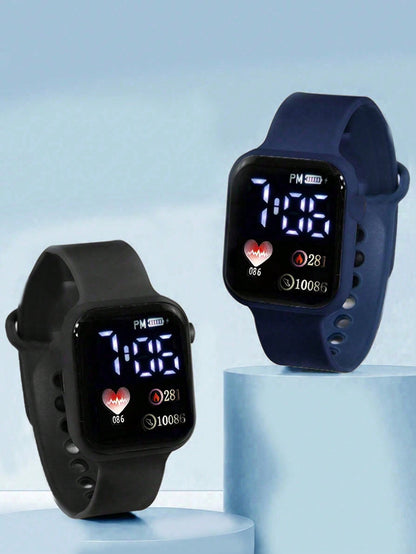 2pcs Black & Blue PVC Strap Sports Square Dial Heart Numeral Watches, Suitable For Daily Wear