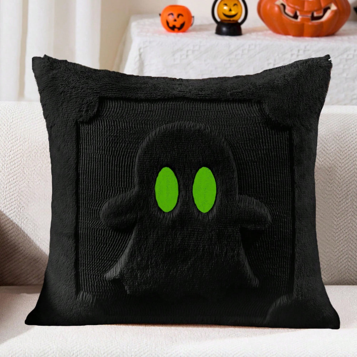 2Pcs Halloween Pillow Covers 18x18 Inch Black Eyes Beige Ghost Throw Pillow Cases Soft Plush Faux Fur Wool Couch Cushion Case For Chair Sofa Bedroom Living Room Home Decor