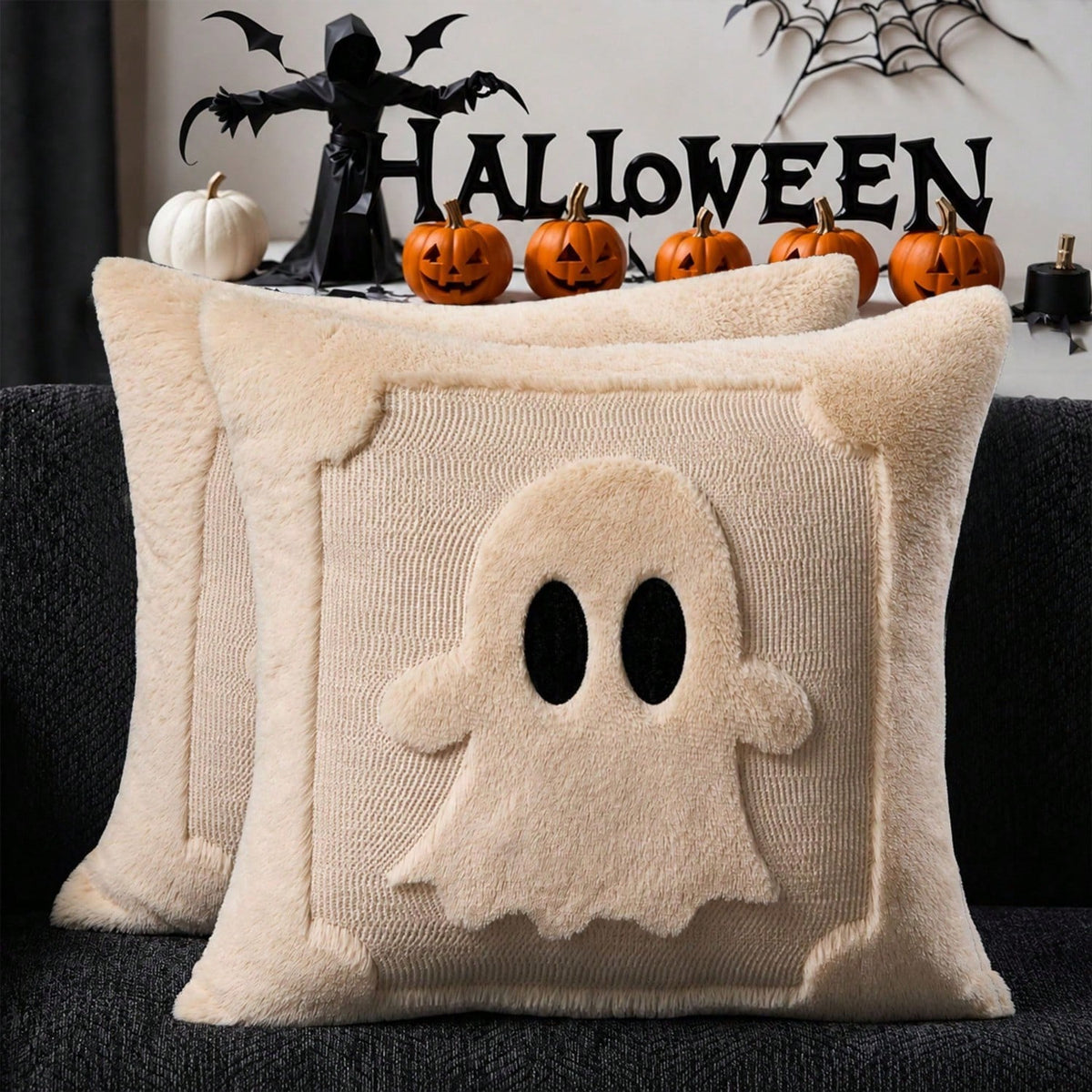 2Pcs Halloween Pillow Covers 18x18 Inch Black Eyes Beige Ghost Throw Pillow Cases Soft Plush Faux Fur Wool Couch Cushion Case For Chair Sofa Bedroom Living Room Home Decor