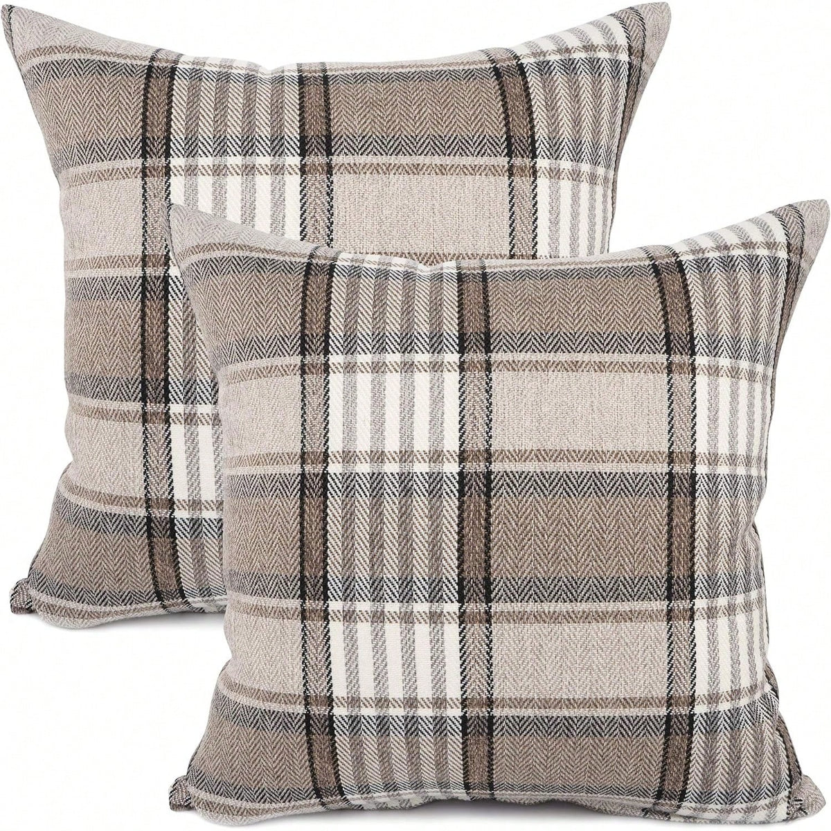 2pcs Neutral Brown Plaid Pillow Covers, Vintage Herringbone Plaid Cushion Covers, Linen Texture Country Style Decorative Pillow Covers, Suitable For Sofa And Bedroom Home Decor, Pillow Insert Not Incl