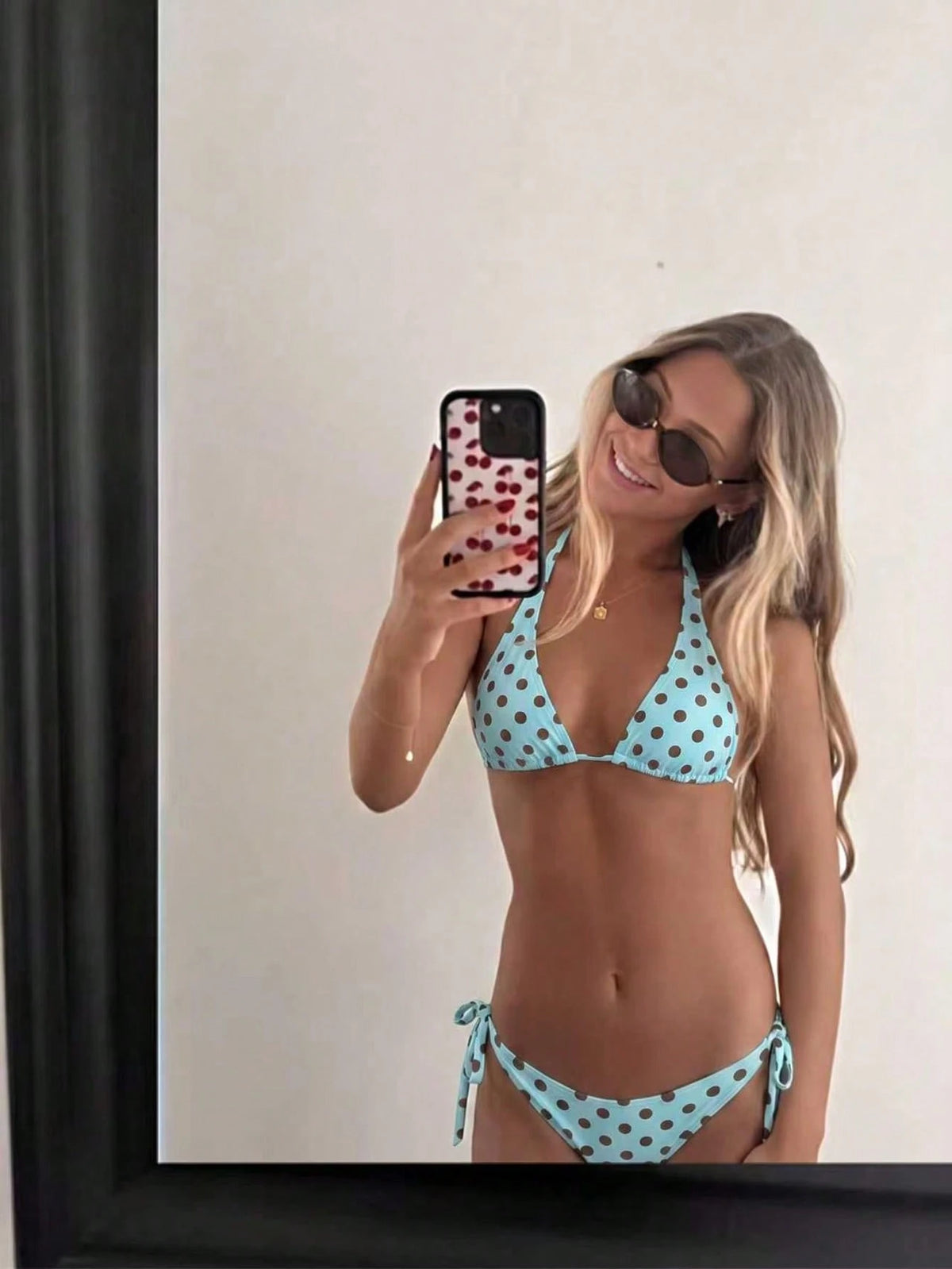 2pcs Polka Dot Elegant Halter Backless Bikini Top With Waist Tie Swimwear Bottom, Women Summer Swimwear Set For Beach, Pool, Water Sports Vacation, Resort Wear