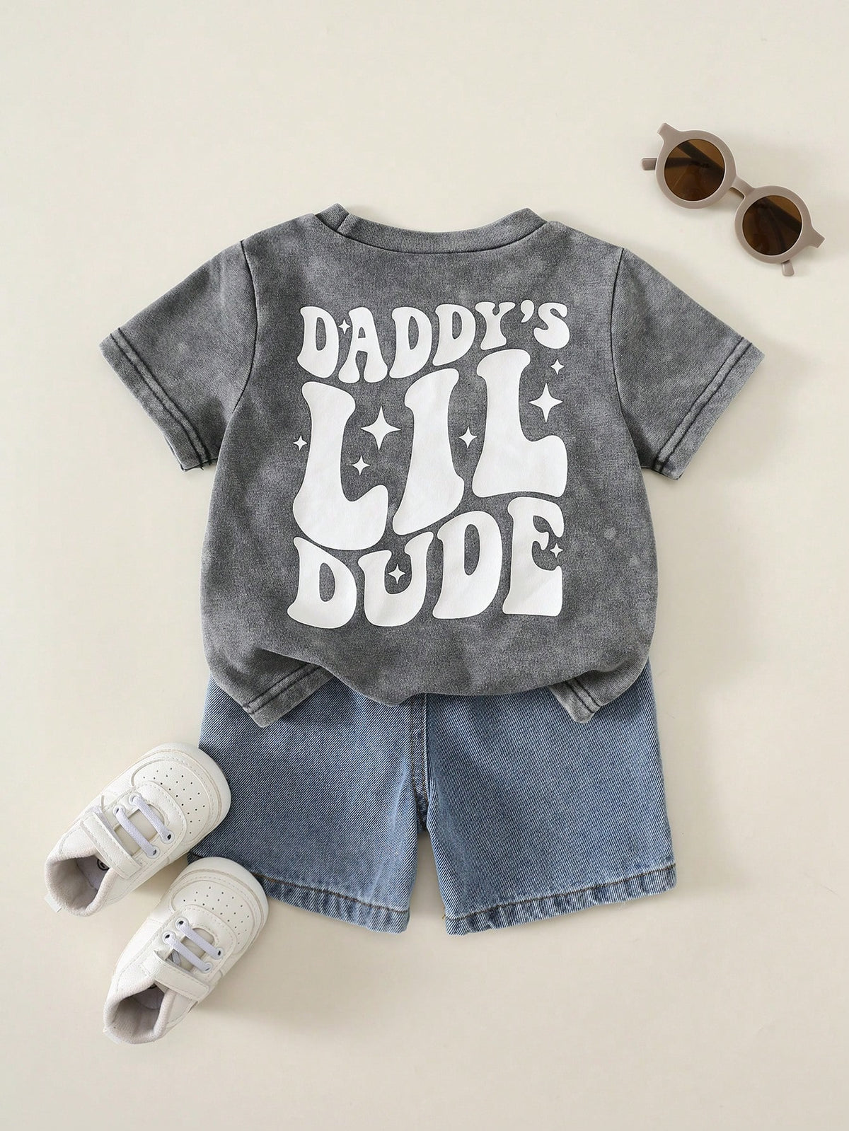 2pcs/Set Baby Boy Summer Casual Street Style Denim Knit Top And Denim Shorts Set, Infant Boy Denim Outfit, T-Shirt Set, Holiday Set, Summer Set