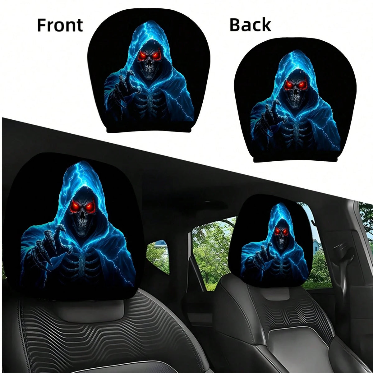2pcs Set Of Ghostly Blue Lightning Skull Grim Reaper Reaching Out Themed Car Headrest Covers, Durable, Stylish, And Comfortable Vehicle Seat Headrest Protectors, No Filling, Easy To Install, Suitable