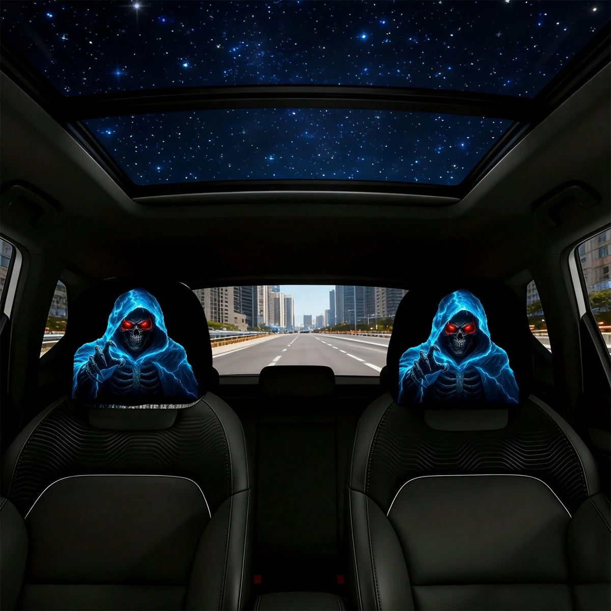 2pcs Set Of Ghostly Blue Lightning Skull Grim Reaper Reaching Out Themed Car Headrest Covers, Durable, Stylish, And Comfortable Vehicle Seat Headrest Protectors, No Filling, Easy To Install, Suitable